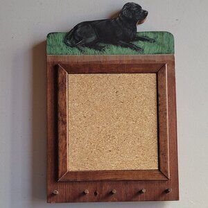VTG Wooden Corkboard with Resting Black Lab & Key Pegs WOOD LARK Co. 14x9.5